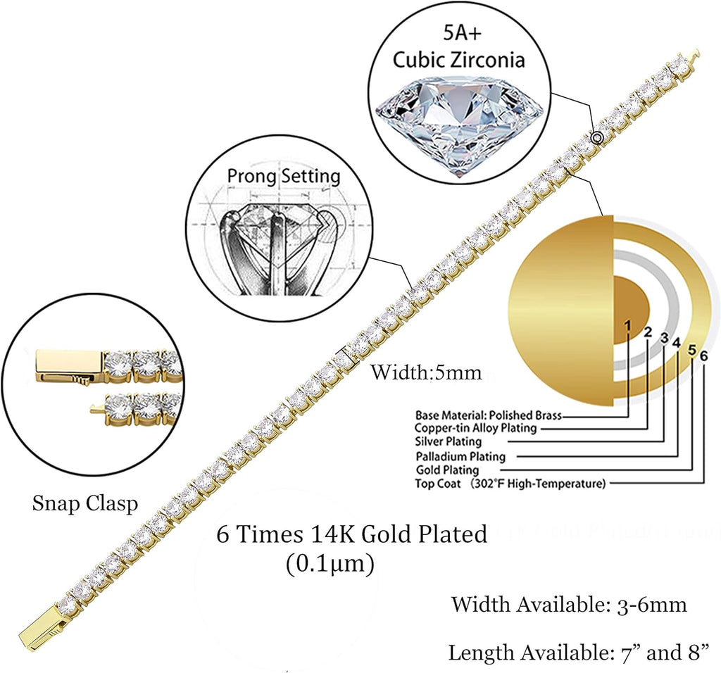 YOSZO Gold Tennis Bracelet Men Silver Bracelet for Women 1Row 3/4/5/6mm Iced out Cubic Zirconia 14K Gold Plated Gold Jewelry Minimalistic Accessory