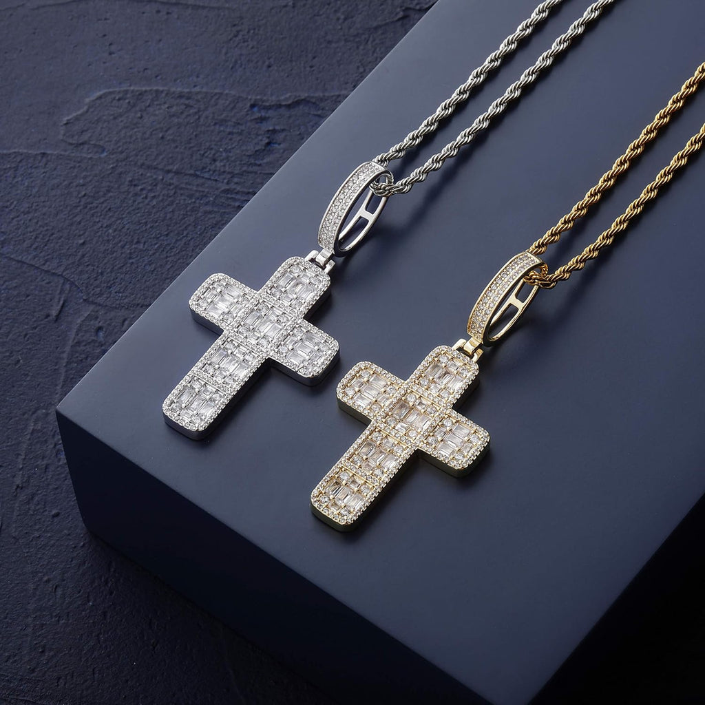 YOSZO Solid Baguette Cross Chain 14K Gold Plated Iced out Pendant Necklace for Men and Women Religious Jewelry