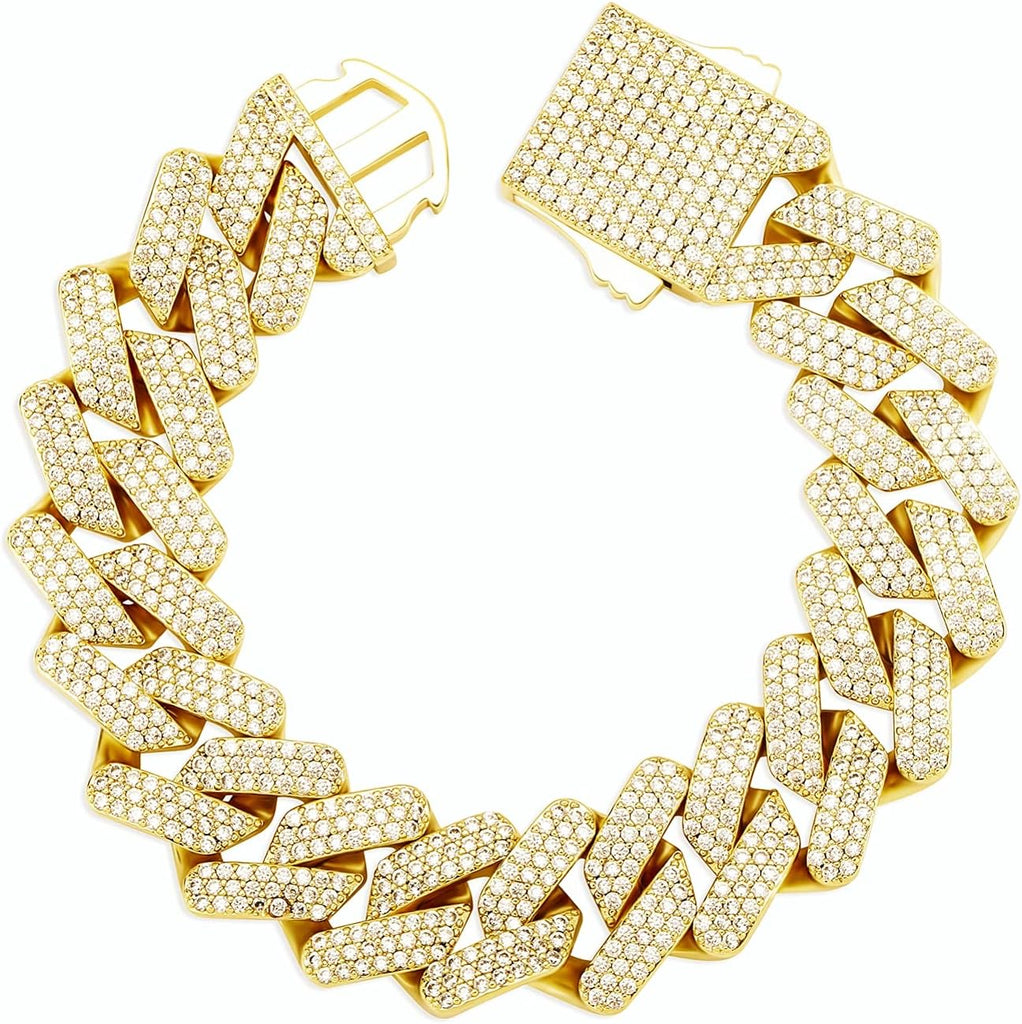 YOSZO 20mm 6 Times 14K Gold Plated Full Iced Out Prong Setting Cubic Zirconia Box Clasp Miami Cuban Link Bracelet for Men Hip Hop