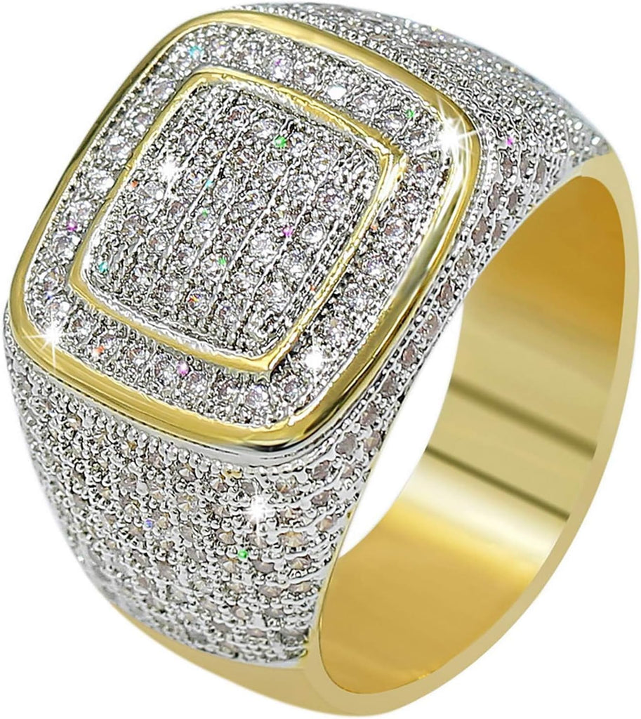 YOSZO Men Ring 14K Gold Cluster Iced Out Lab Simulated Diamond Band Micropave Bling Ring for Women