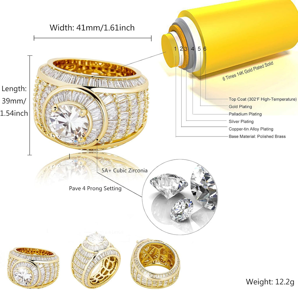 YOSZO Iced Out Gold Cluster Ring 5A+ Cubic Zirconia 14K Gold Hip Hop Rapper Fashion Luxury Big Diamond Rings For Men