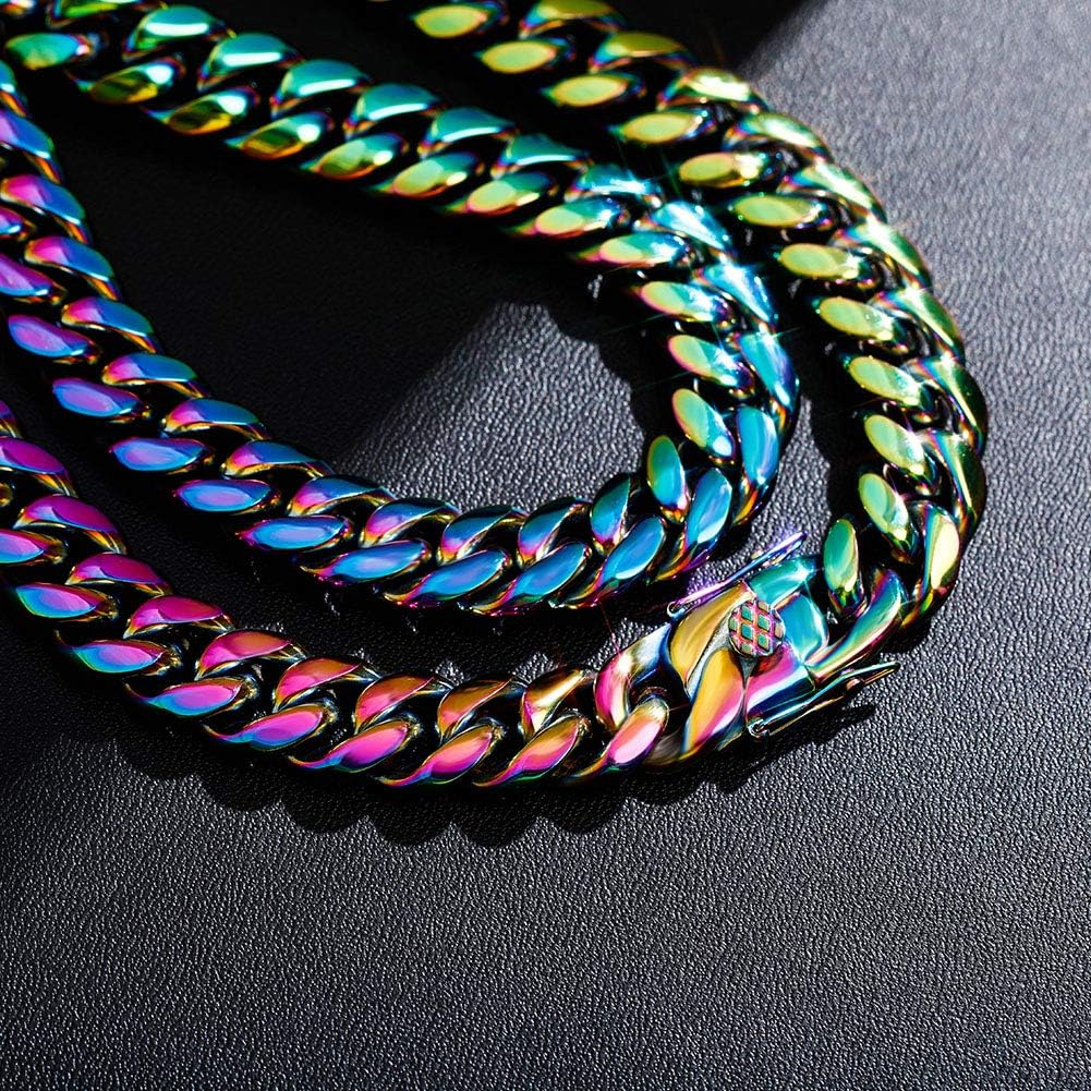 YOSZO Colorful Cuban Link Necklace 10,14mm Stainless Steel Solid Rainbow Gold Silver Hip Hop Miami Cuban Chunky Thick Chain Necklace For Men Women