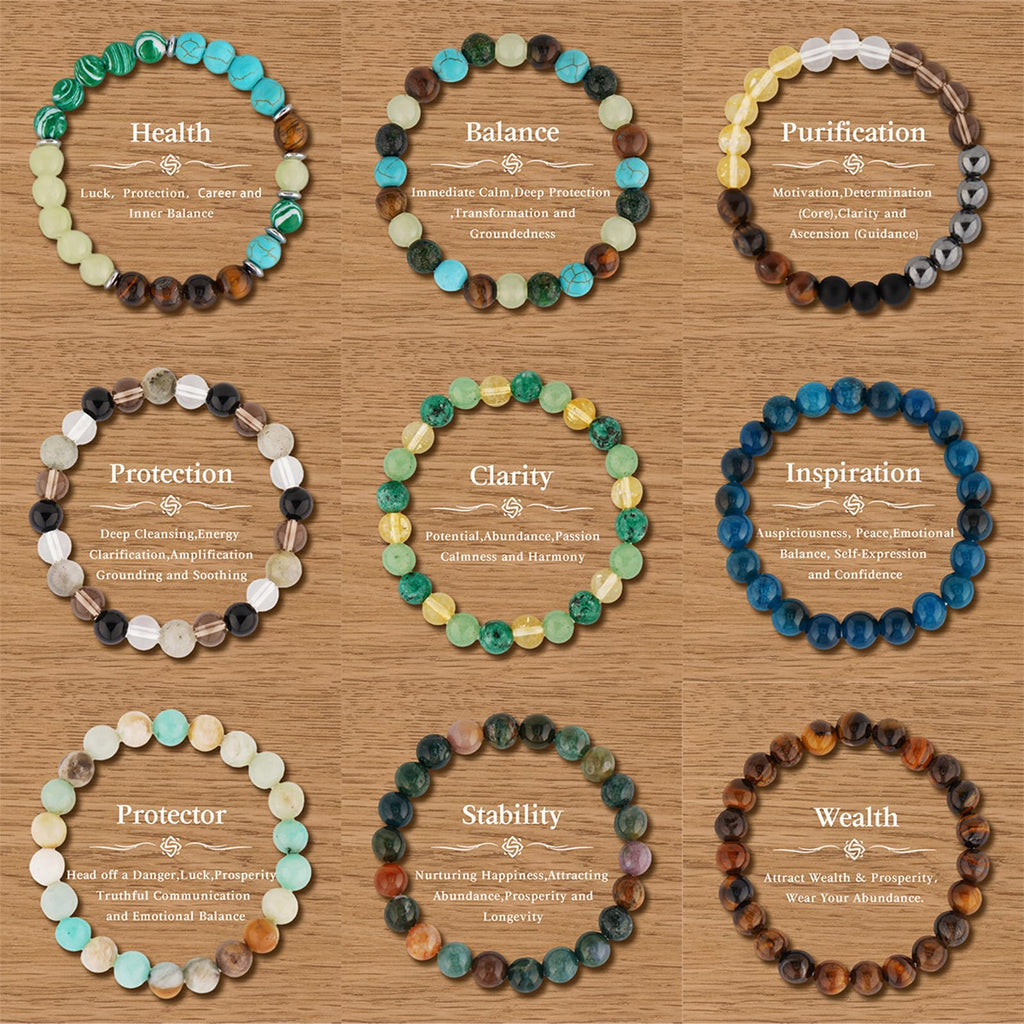 9PCS Healing Crystal Bracelet Set for Women & Men, 8mm Natural Stone Beaded Bracelets for Anxiety Relief, Good Luck & Protection, Unisex Yoga Meditation Spiritual Jewelry Gift