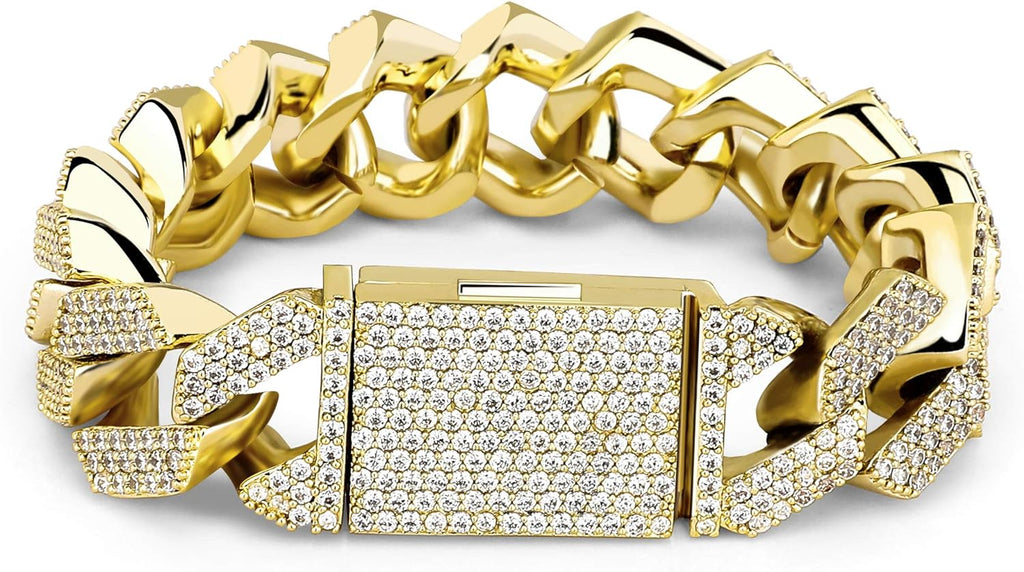 YOSZO 20mm 6 Times 14K Gold Plated Full Iced Out Prong Setting Cubic Zirconia Box Clasp Miami Cuban Link Bracelet for Men Hip Hop