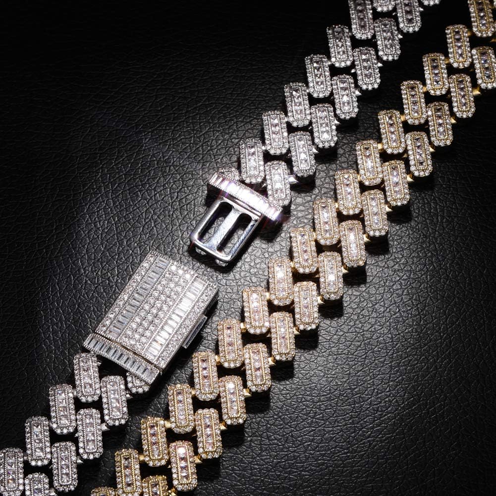 YOSZO 20MM 6 Times 14k Gold Plated Cuban Link Chain Full Iced Out Bling Round Baguette Cut Cubic Zirconia with Prong Setting Simulated Diamond Chain Choker Necklace for Men Women