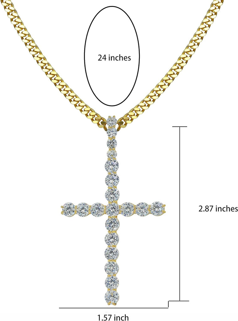 YOSZO 14K Gold&Silver Plated Iced out CZ 3" Lab Diamond Cross Pendant Chain for Men and Women