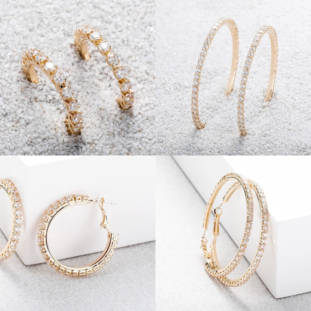 YOSZO Big Large Iced Out Hoop Cuff Circle Earrings Gold or Rhodium Plated Cubic Zirconia Inlaid Hypoallergenic Tennis Earrings For Women-Silver 8CM