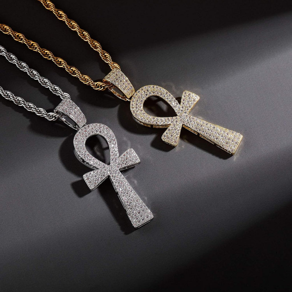 YOSZO Ankh Cross Necklace for Women Gold Cross Necklace for Men Rope Pendant Necklace Iced out 14K Gold Plated 24 Stainless Steel Chain Birthday Gift