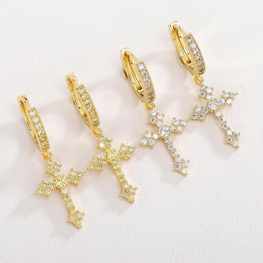 YOSZO Cross Hoop Dangle Earrings 14K Black Silver 5A+ Cubic Zirconia Cartilage Hypoallergenic Sterling Silver Cross Dangle Drop Earrings For Men Women-Yellow Gold