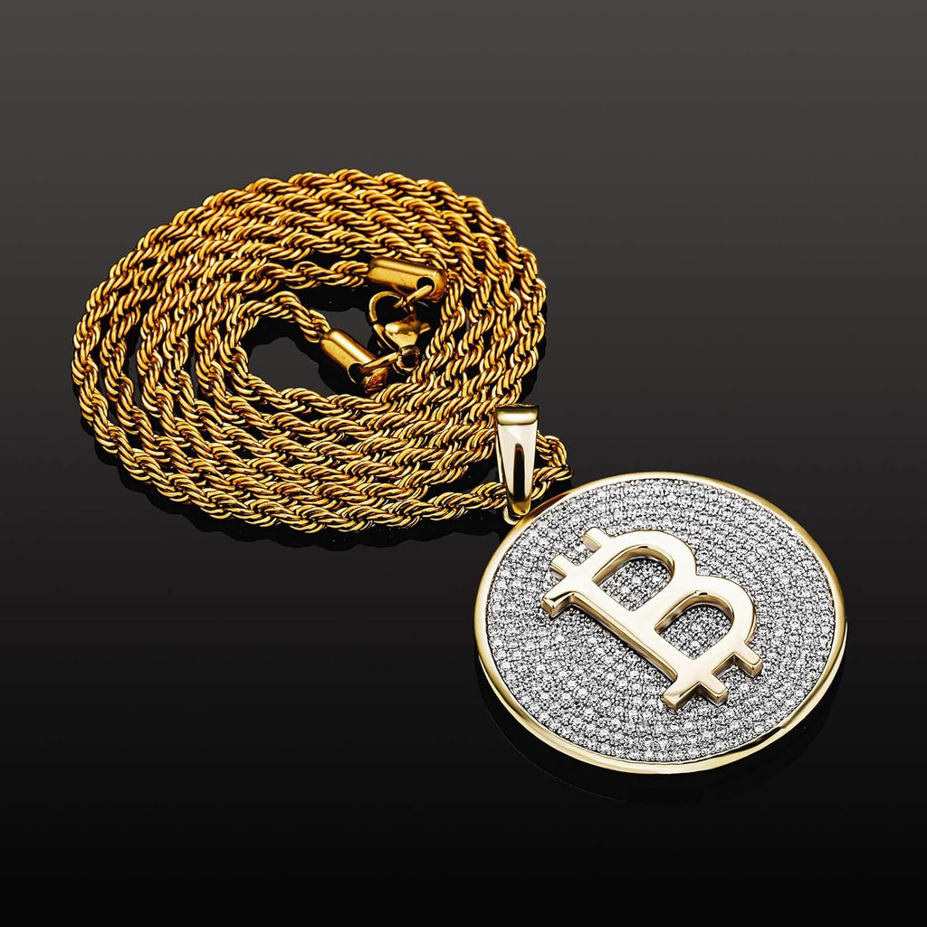 YOSZO Gold Pendant Necklace Men Rope Bitcoin Chain Iced out 14K Gold Plated Cryptocurrency Gold Necklace for Women Stainless Steel Necklace