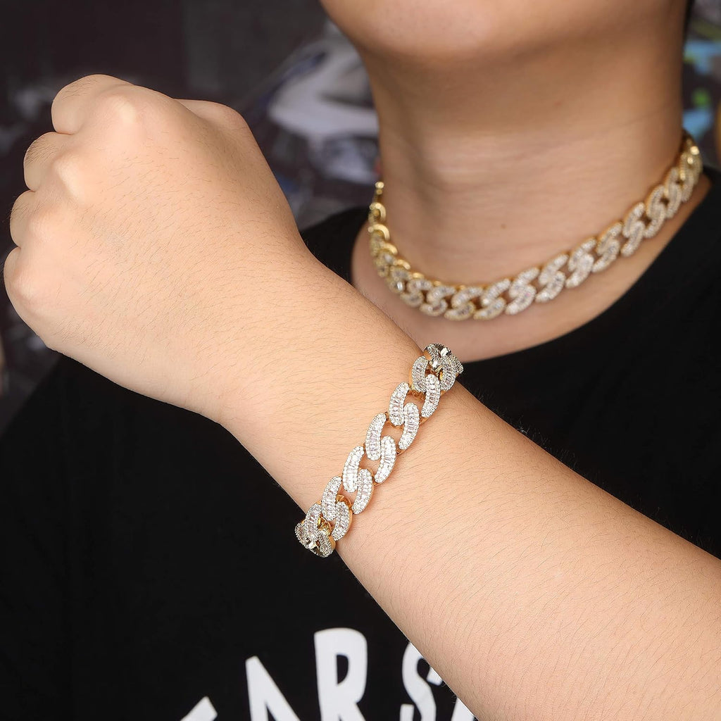 YOSZO 14mm Iced out 6 Times 14K Gold Filled Custom Baguette Diamond Miami Cuban Link Chain Choker for Men with Box Clasp