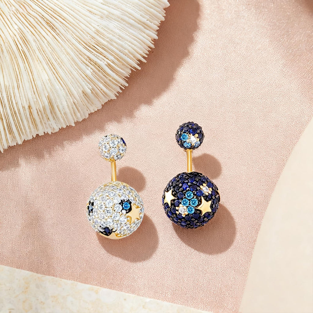 Celestial Earrings for Women, 14K Gold Plated 925 Sterling Silver, Dual-Ball Design with Star Accents, Hypoallergenic Statement Earrings, Daily Luxury Jewelry Gift for Lover