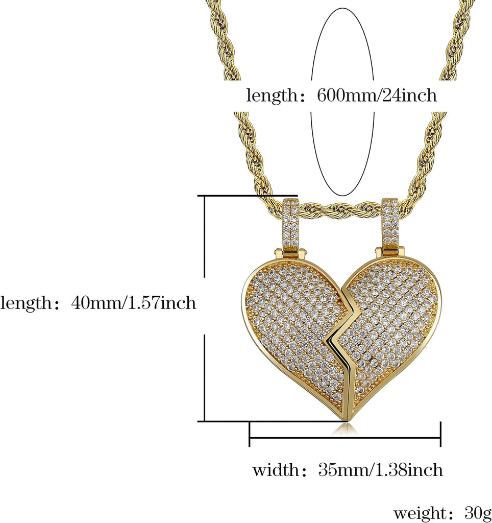 YOSZO Iced Out Premium Diamond Solid Magnetic Broken Heart Matching Pendant with 2 Rope Chains Necklace Valentine Gifts for Lovers Men and Women (Gold Matching)