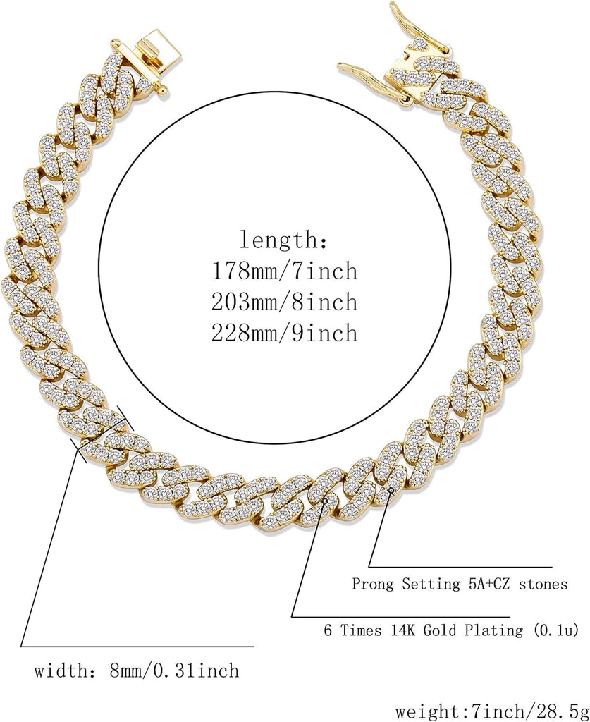 YOSZO 6 Times 14K Gold Plated 8mm Men women Fully Iced Out Cubic Zirconia Dupre Cuban Link Chain Bracelet Hip Hop