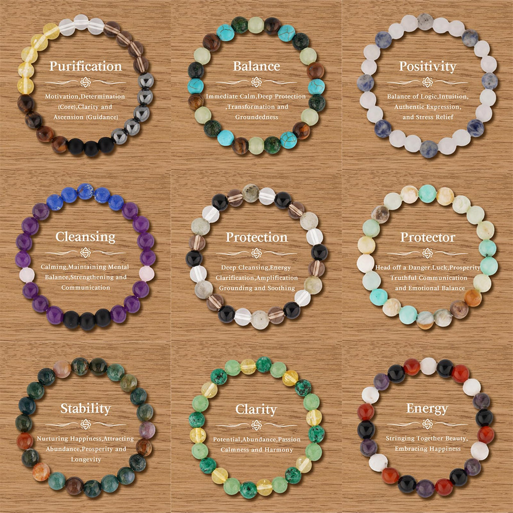9PCS Healing Crystal Bracelet Set for Women & Men, 8mm Natural Stone Beaded Bracelets for Anxiety Relief, Good Luck & Protection, Unisex Yoga Meditation Spiritual Jewelry Gift