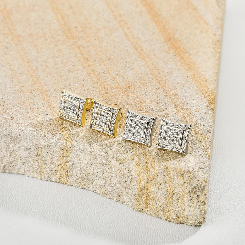 YOSZO 925 Sterling Silver Square Screw Stud Earrings 14K Gold 5A+ Cubic Zirconia Iced Out Square Screw Back Hypoallergenic Cube Large Stud Earrings For Men Women