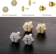 Carica l&#39;immagine nel visualizzatore di Gallery, YOSZO Cross Square Stud Earrings 14K Gold Silver 5A+ Cubic Zirconia Iced Out Sparkle hypoallergenic Cartilage 925 Sterling Silver Square Flat Stud Cross Earrings For Men Women