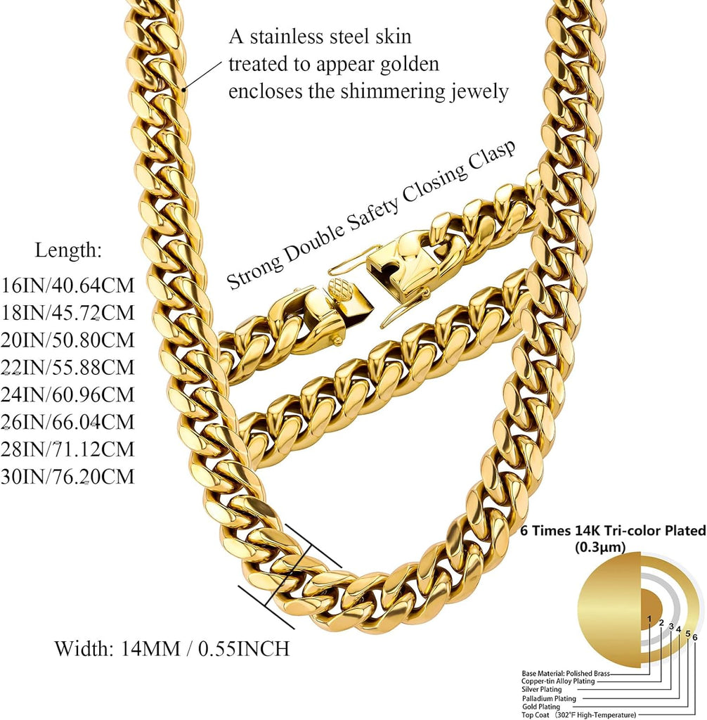 YOSZO Colorful Cuban Link Necklace 10,14mm Stainless Steel Solid Rainbow Gold Silver Hip Hop Miami Cuban Chunky Thick Chain Necklace For Men Women