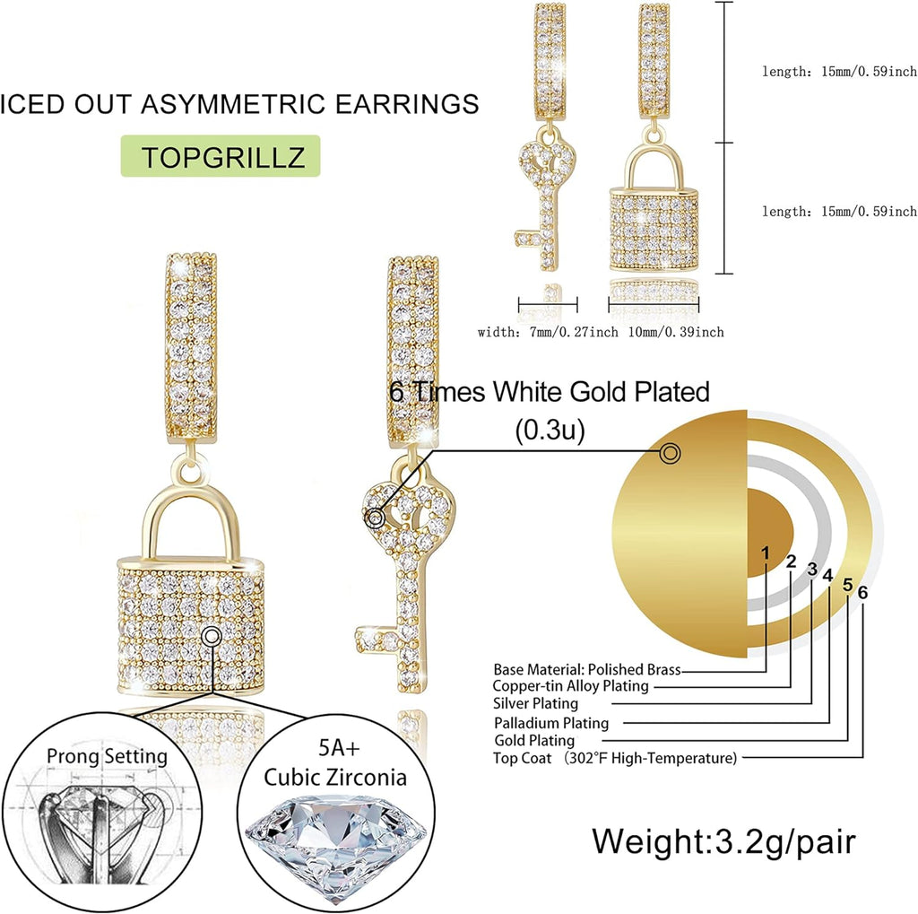 YOSZO Iced Out Dangle Hoop Earrings 14K Gold Silver 5A+ Cubic Zirconia Star Pin Lock Key Cartilage Hoop Dangle Drop Earrings For Men Women