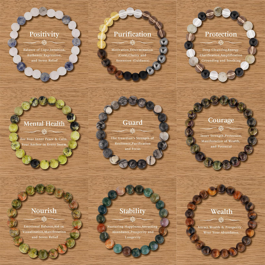 9PCS Healing Crystal Bracelet Set for Women & Men, 8mm Natural Stone Beaded Bracelets for Anxiety Relief, Good Luck & Protection, Unisex Yoga Meditation Spiritual Jewelry Gift