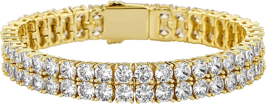 YOSZO 2 Row Tennis Bracelet Iced Out Bling Cubic Zirconia Lab Simulated Diamond Bracelet14K Gold Plated Wrist Chain Hip Hop Jewelry for Men Women