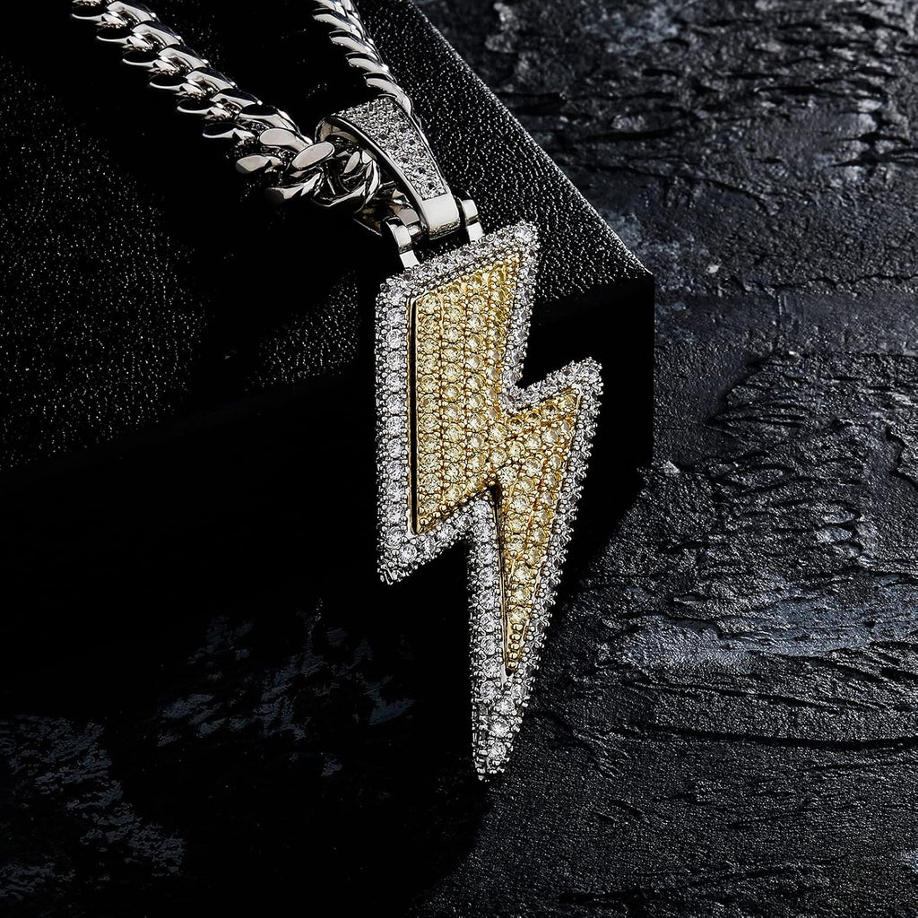 YOSZO Hip Hop Lightning Bolt Design Pendant 18k Gold Plated Iced Out Cubic Zirconia Pendant Necklace with Micropave Simulated Diamond for Men Women