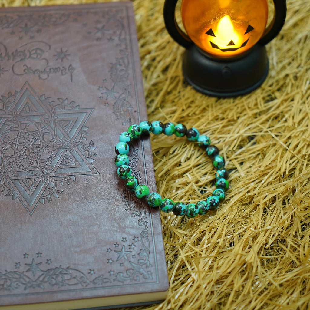 Halloween Beaded Bracelet, Natural Stone Beads in Halloween Charm, Elastic String for Easy Wear, Unisex Spooky Holiday Jewelry Gift for Adults & Kids