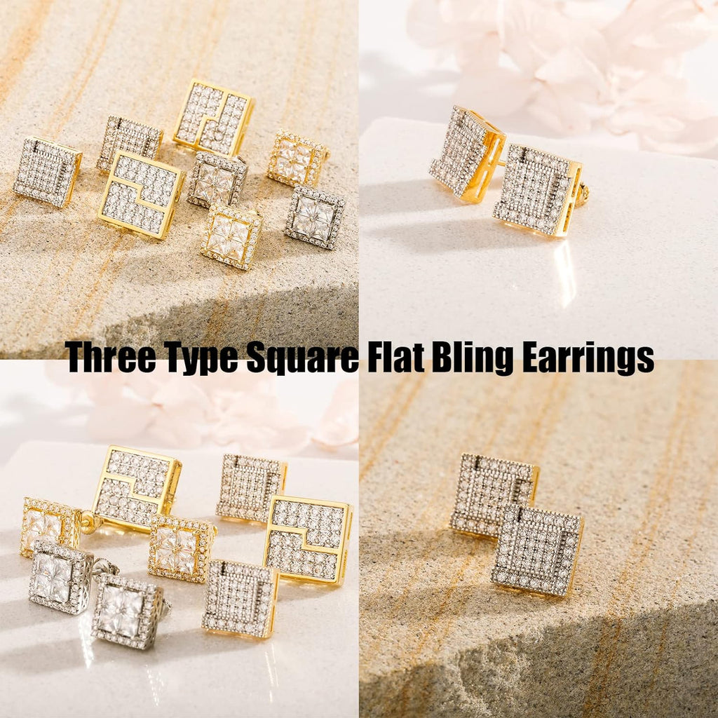 YOSZO Square Screw Stud Earrings For Men 5A+ Cubic Zirconia 925 Sterling Silver Screw Stud Back Square Flat Cartilage Hypoallergenic Stud Earrings