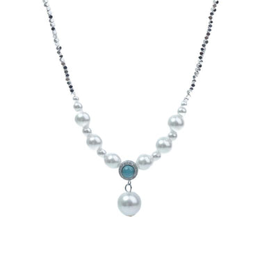 【Pendant Necklace】 Silver-Tone Chain with Blue Zircon & Sized Pearls Drop Pendant Necklace - Minimalist Layered Necklace for Women, Cool-Toned Elegant Jewelry