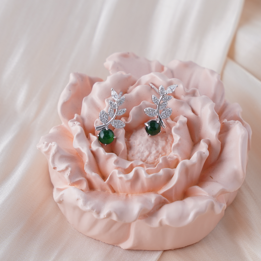 Jade Stud Earrings, 925 Sterling Silver Vine Leaf Drop Earrings with Green Jade and Cubic Zirconia, Nature-Inspired Dangle Earrings for Women, Elegant Birthstone Gift