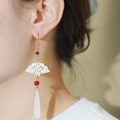 【Drop Earrings】White Resin Hollow Fan with Red Beads & Ivory Drops