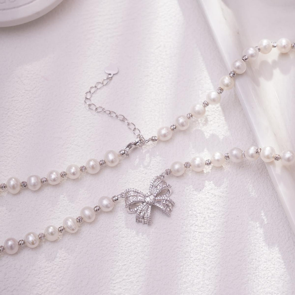 【Necklace】Silver Elegant Natural Freshwater Pearl Necklace with Shining Zircon Accent, Perfect Jewelry for Lover