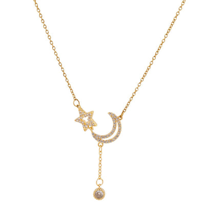【Pendant Necklace】Moon Star Pendant Necklace Stainless Steel Chain Zirconia Celestial Dangling Charm Romantic Jewelry for Women