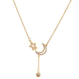 【Pendant Necklace】Moon Star Pendant Necklace Stainless Steel Chain Zirconia Celestial Dangling Charm Romantic Jewelry for Women
