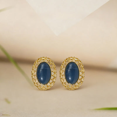 【Stud Earrings】Golden Openwork Scroll Frame Studs with Blue Gemstones, Elegant Vintage Style