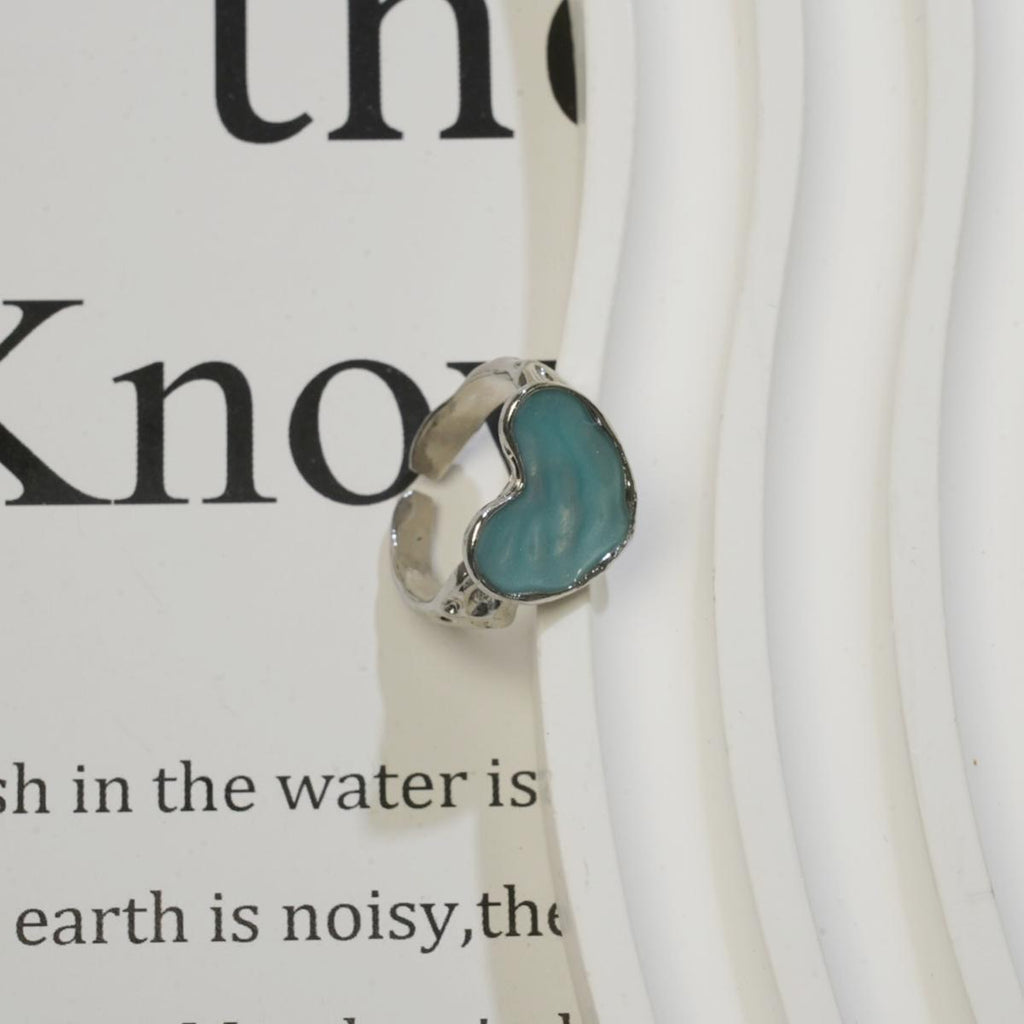 Cincin Terbuka, Rekaan Hati Manis, Glaze Berombak Biru dan Hijau, Aloi Bersalut Perak, Barang Kemas Harian Bergaya, Untuk Wanita stainless  steel  ring