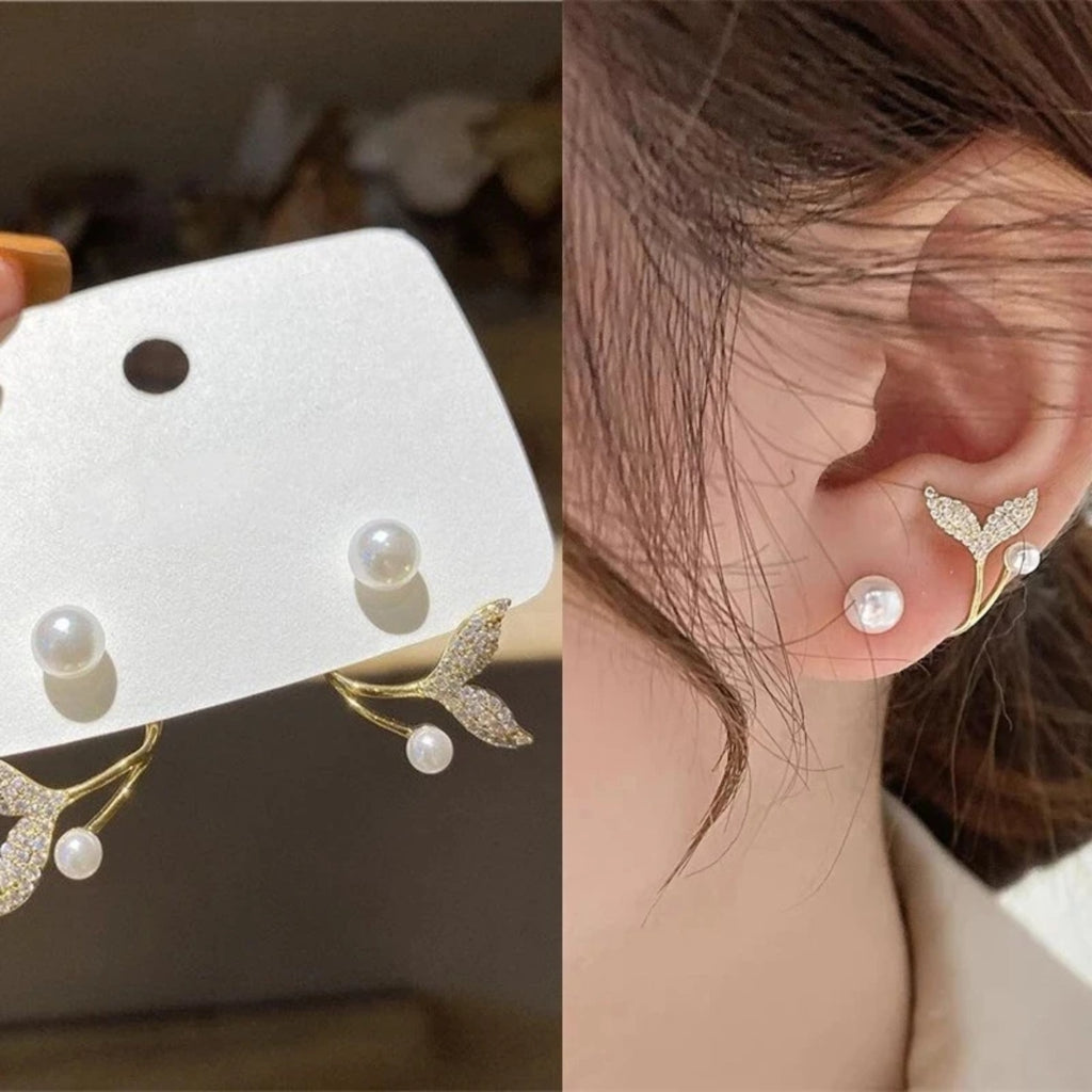 New Elegant Mermaid Tail Shape Pearl Gold Color Earrings Korean Fashion Jewelry for Women Party Sweet Temperament Accessories