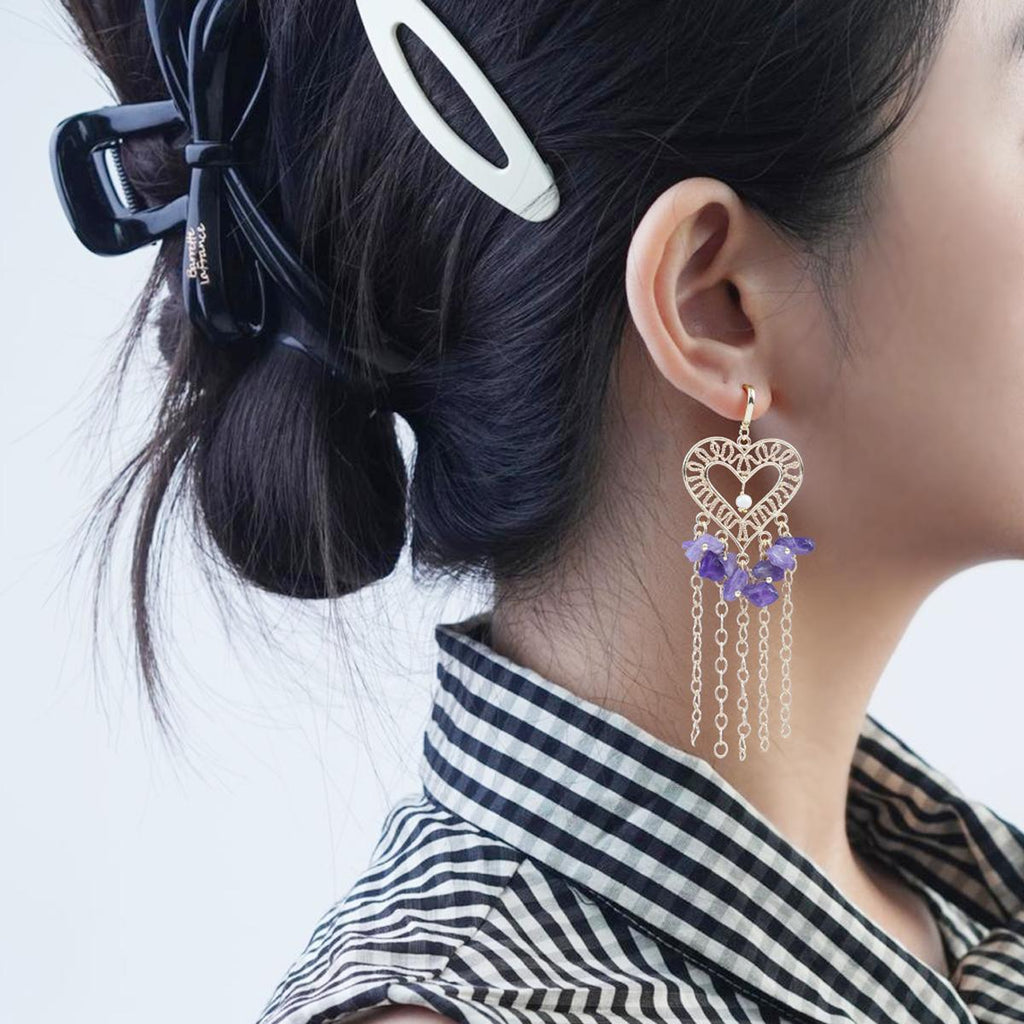 【Earrings】18K Gold Plated Heart Tassel Earrings with Natural Amethyst & Pearl, Romantic Design for Women