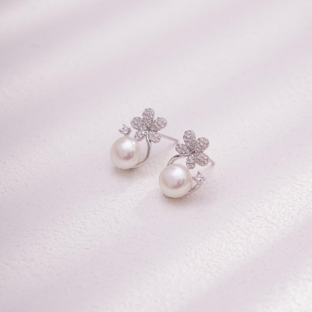 【Stud Earring】Silver Floral-shape Natural Pearl Stud Earring for Women, Shining Zircon Accent, Fashion Jewelry for Women, Perfect Gift for Lover
