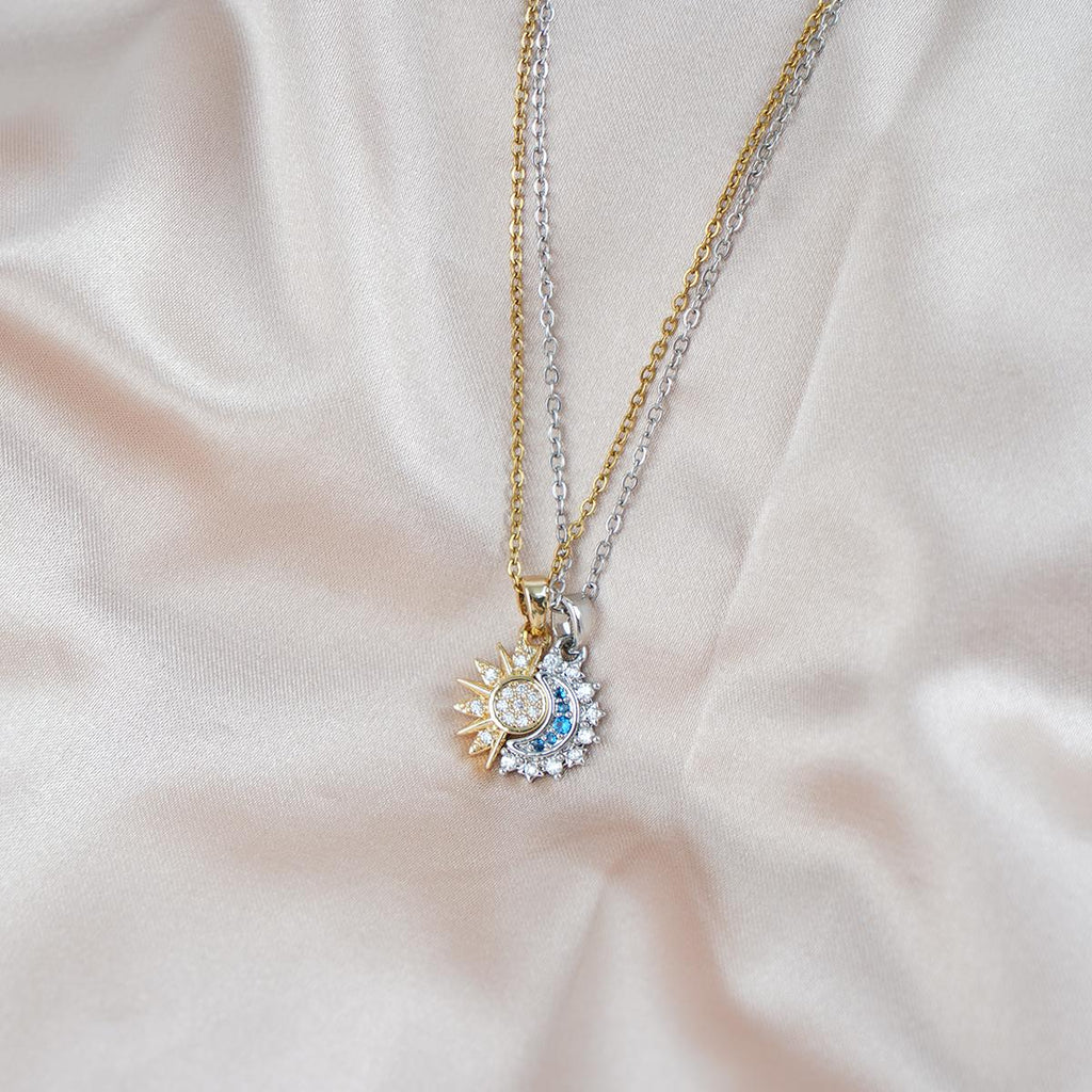 【Pendant Necklace】2 in 1 Gold Silver-Tone Crystal Zirconia Sun Moon Double Chain Pendant Celestial Two-Layer Elegant Accessory for Women