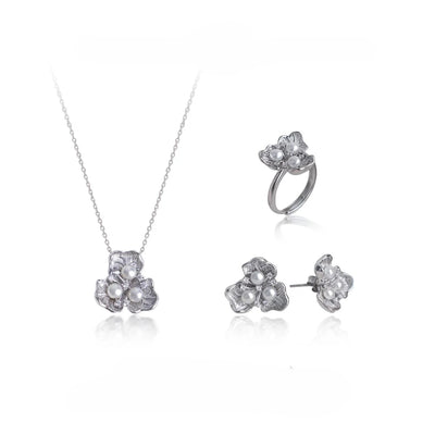 【Jewelry Set】Silver-Made Floral with Natural Freshwater Pearl Jewelry Set, Necklace, Earrings, Ring, Delicate Elegant Jewelry Set for Women