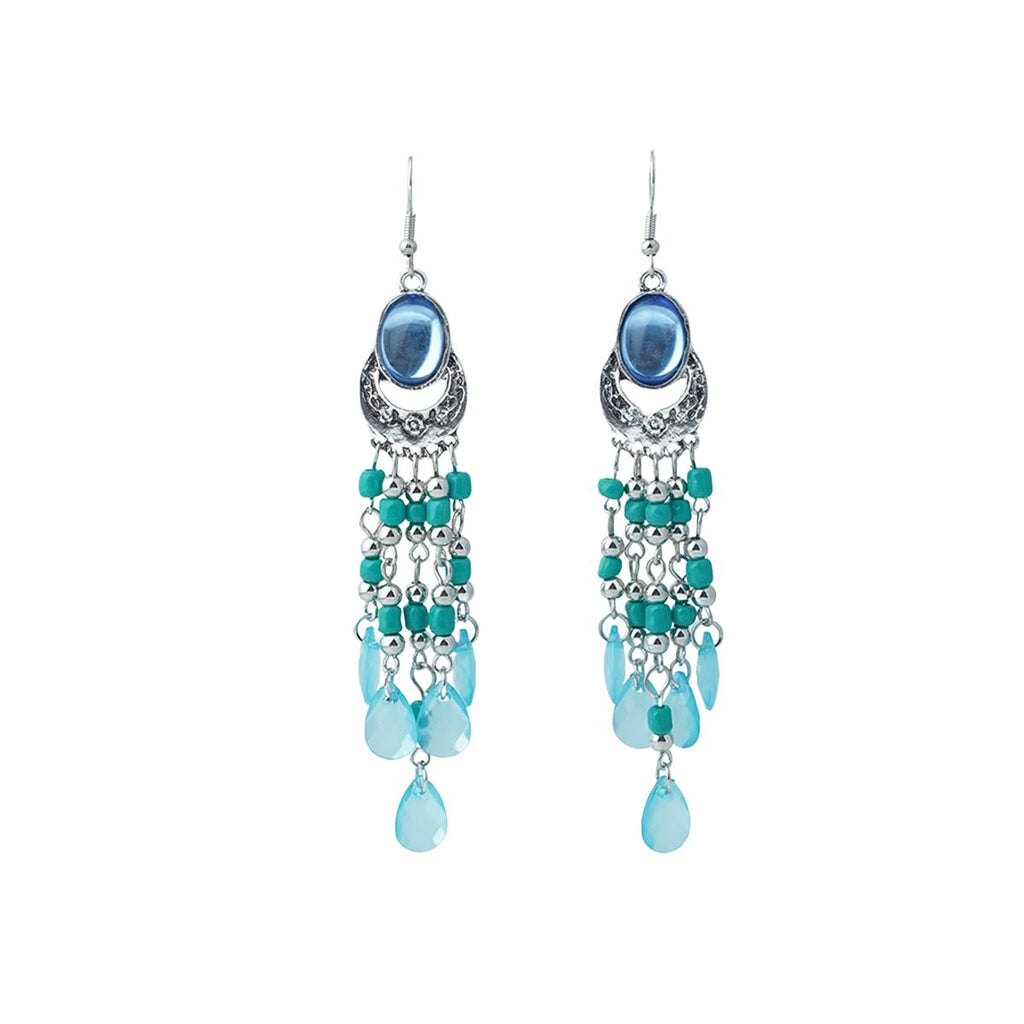 【Hook Earrings】Silver Plated Blue Gem Earrings with Vintage Beaded Tassel Design, Elegant Women's Jewelry