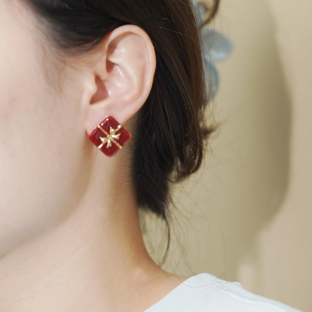Subang Stud, Enamel Merah, Barang Kemas Bergaya, untuk Kanak-kanak Perempuan, Didatangkan dengan Ikatan bentuk rama-rama Emas, Termasuk Kotak