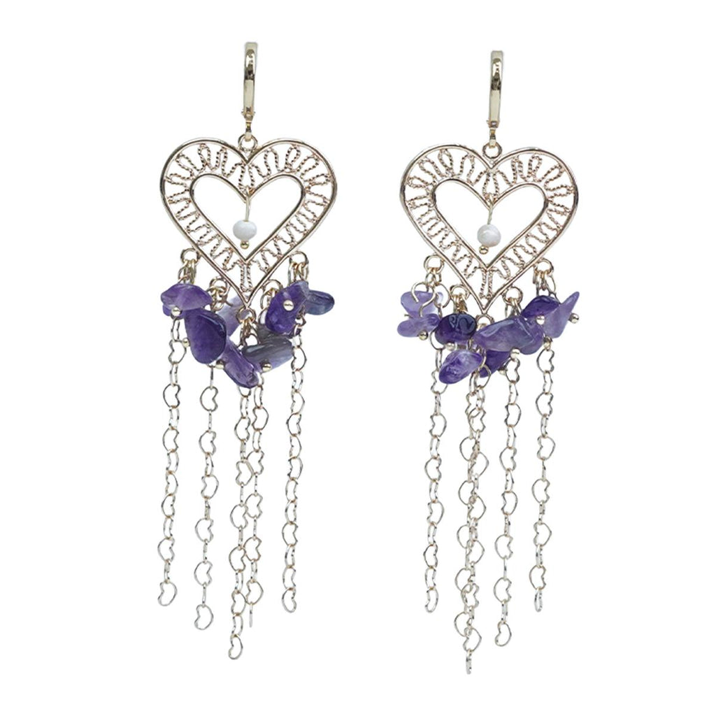 【Earrings】18K Gold Plated Heart Tassel Earrings with Natural Amethyst & Pearl, Romantic Design for Women