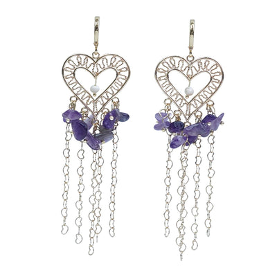 【Earrings】18K Gold Plated Heart Tassel Earrings with Natural Amethyst & Pearl, Romantic Design for Women