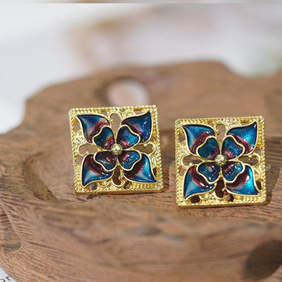 【Stud Earrings】Blue - Purple Gradient Flower with Gold Filigree Frame for Women