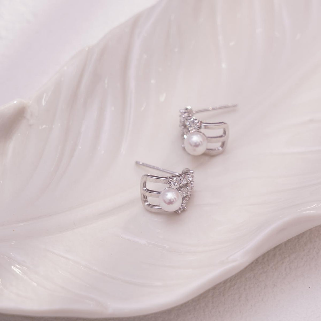 【Stud Earrings】Geometric U-Shape Freshwater Pearl Zirconia Stud Earrings Minimalist Elegant Silver Earrings Daily Wear Jewellry Gift for Women
