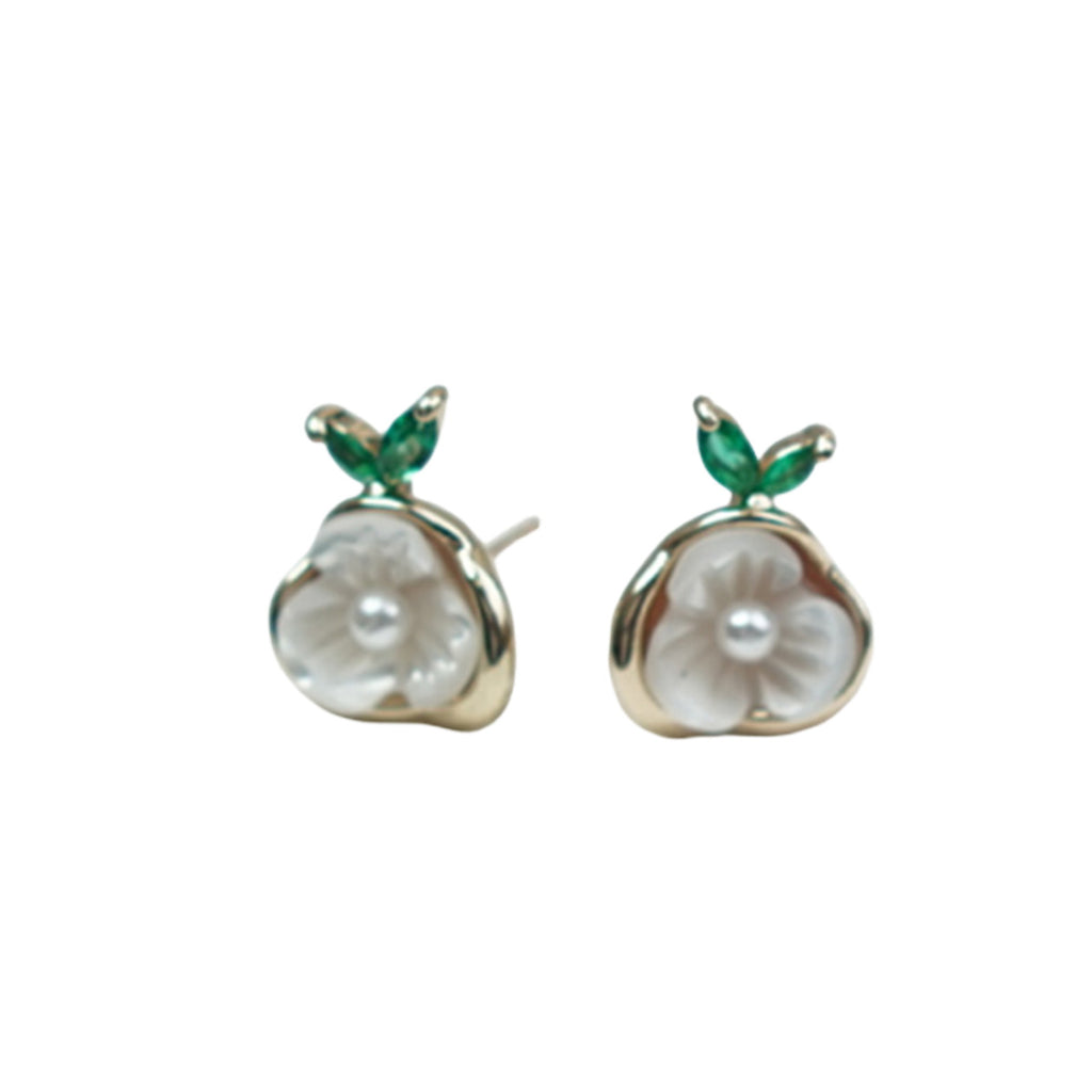 【Stud Earrings】Gold Tone, Mother - of - Pearl & Pearl, Zircon Leaf, Delicate & Elegant, For Fashion Lovers