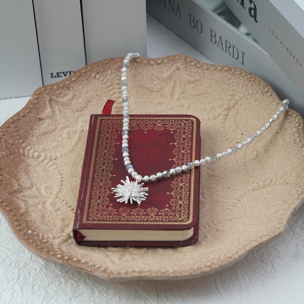 【Pendant Necklace】Silver Alloy&Light Blue Crystal Beaded Necklace with Coral Charm, Daily Wear & Gift for Her