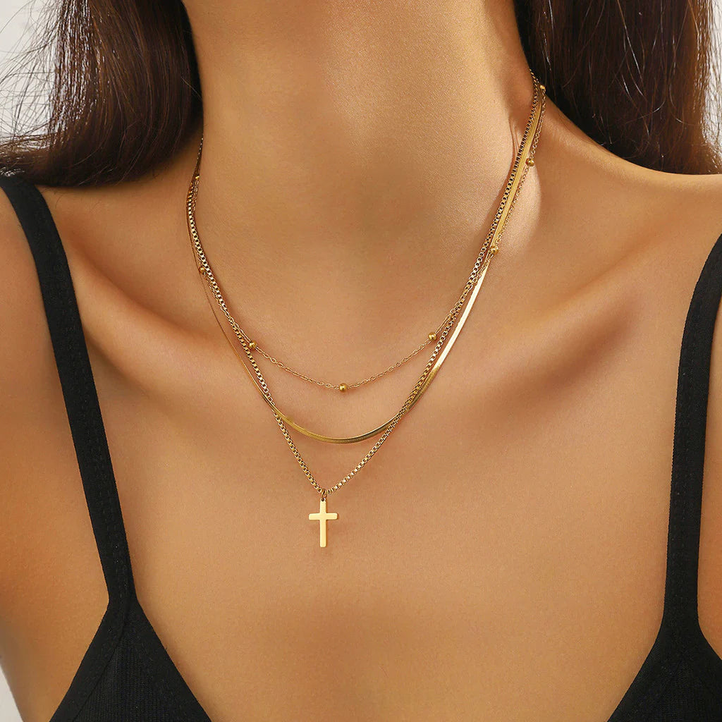 【Necklace】Multi-layer Stainless Steel  Necklace with Vintage Cross Pendant, Stylish Stackable Jewelry for Women